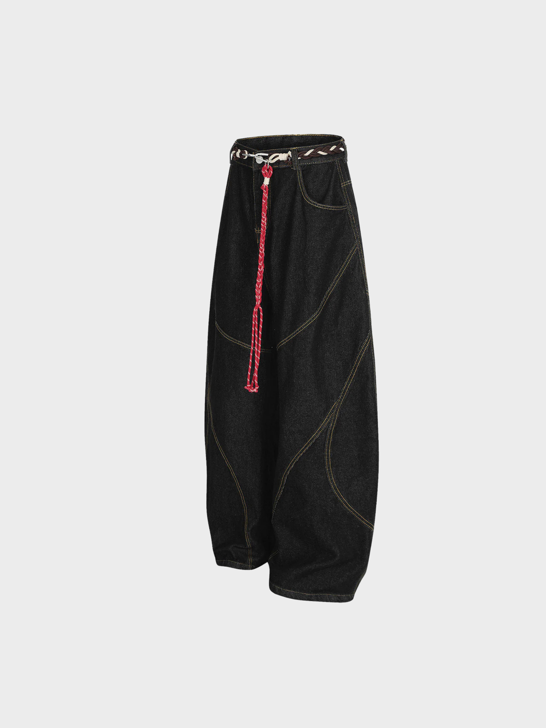 Barrel-Wave Patchwork Denim with Braided Belt