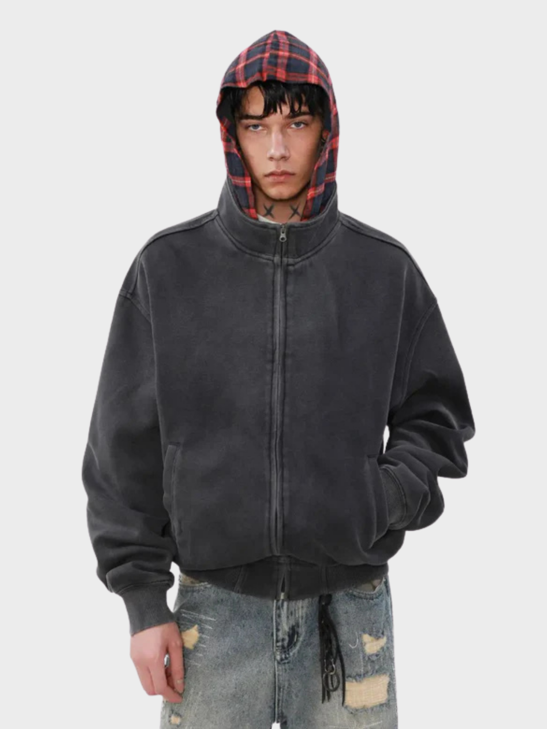 Vintage Plaid-Lined Zip Hoodie