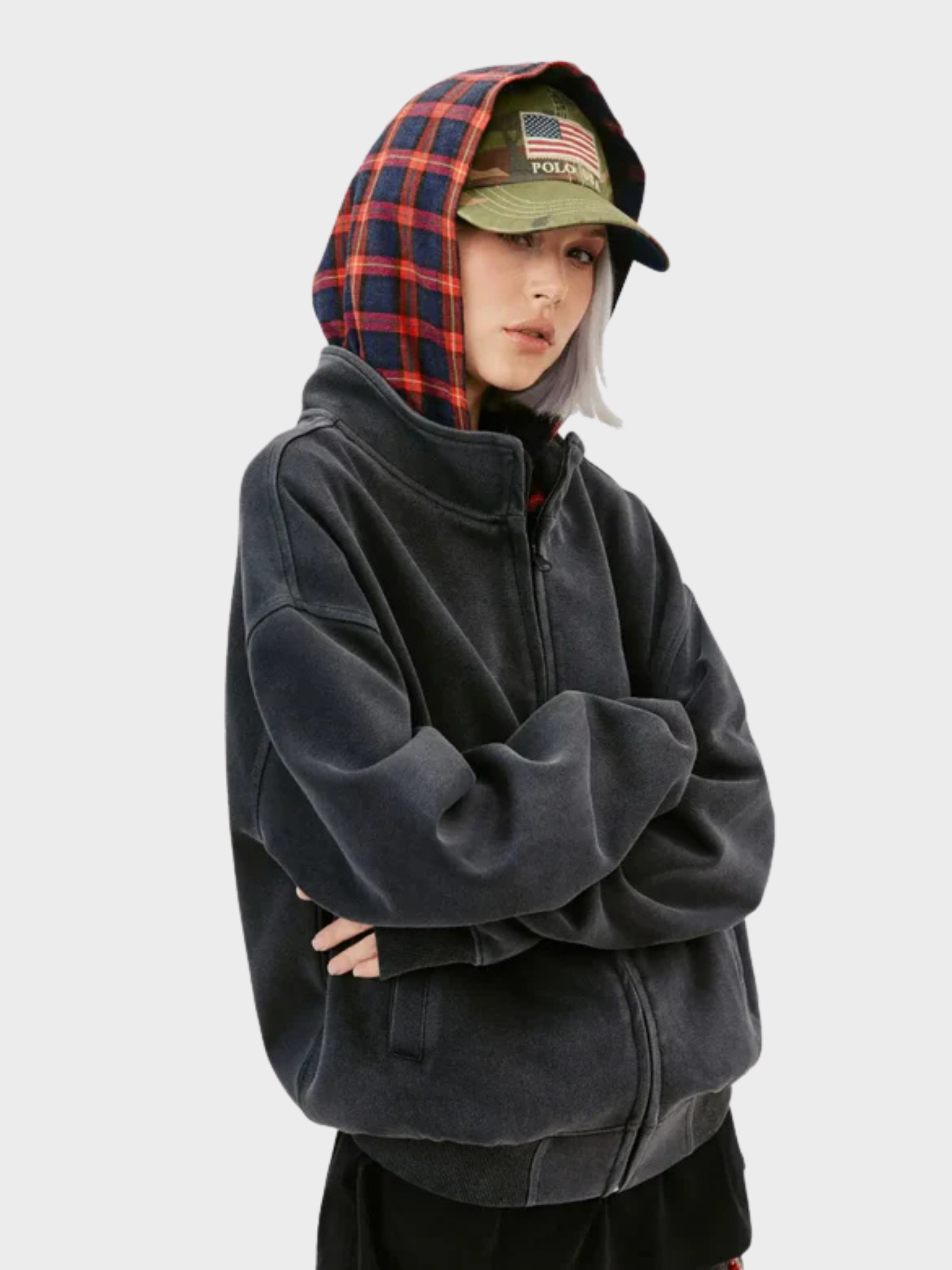 Vintage Plaid-Lined Zip Hoodie
