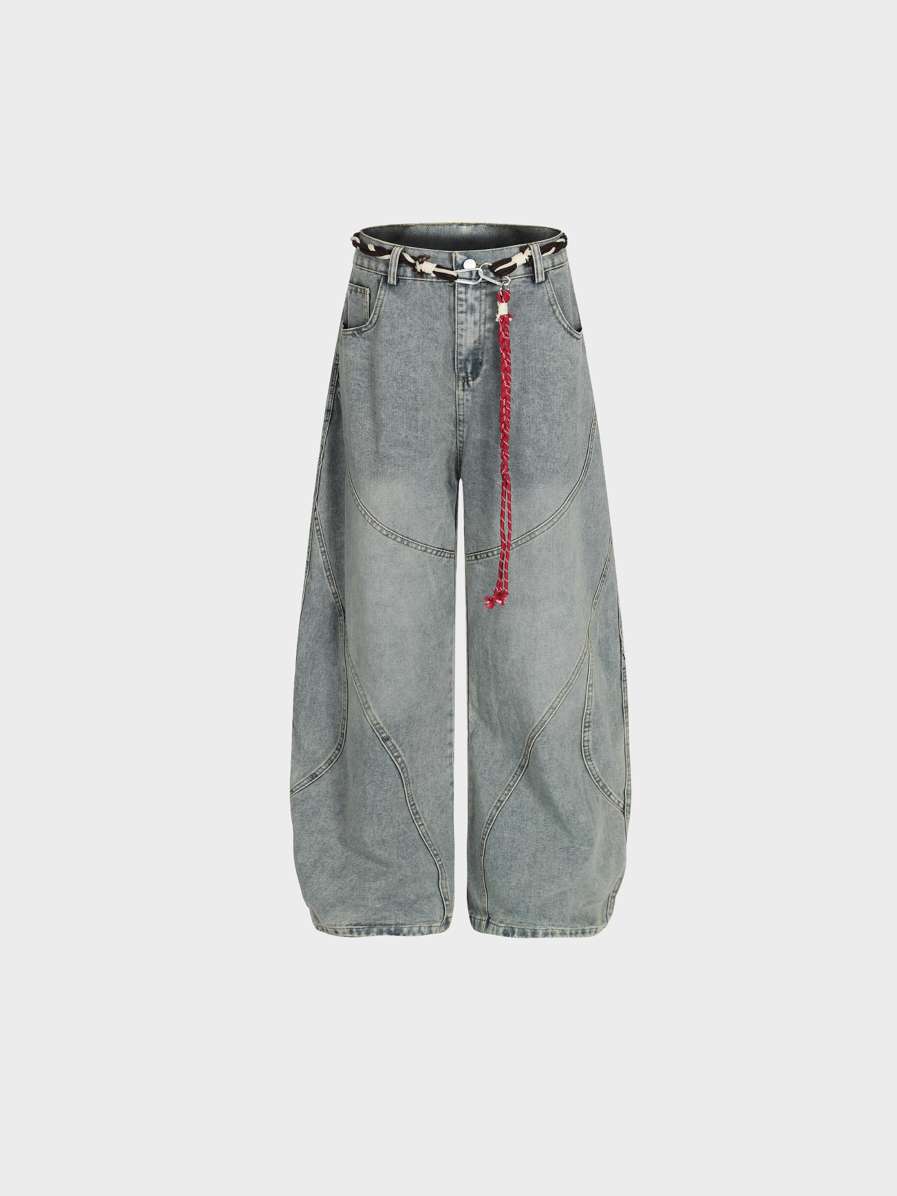 Barrel-Wave Patchwork Denim with Braided Belt