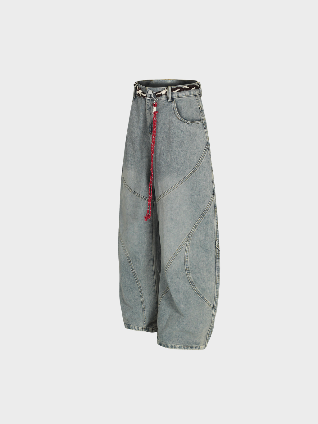 Barrel-Wave Patchwork Denim with Braided Belt