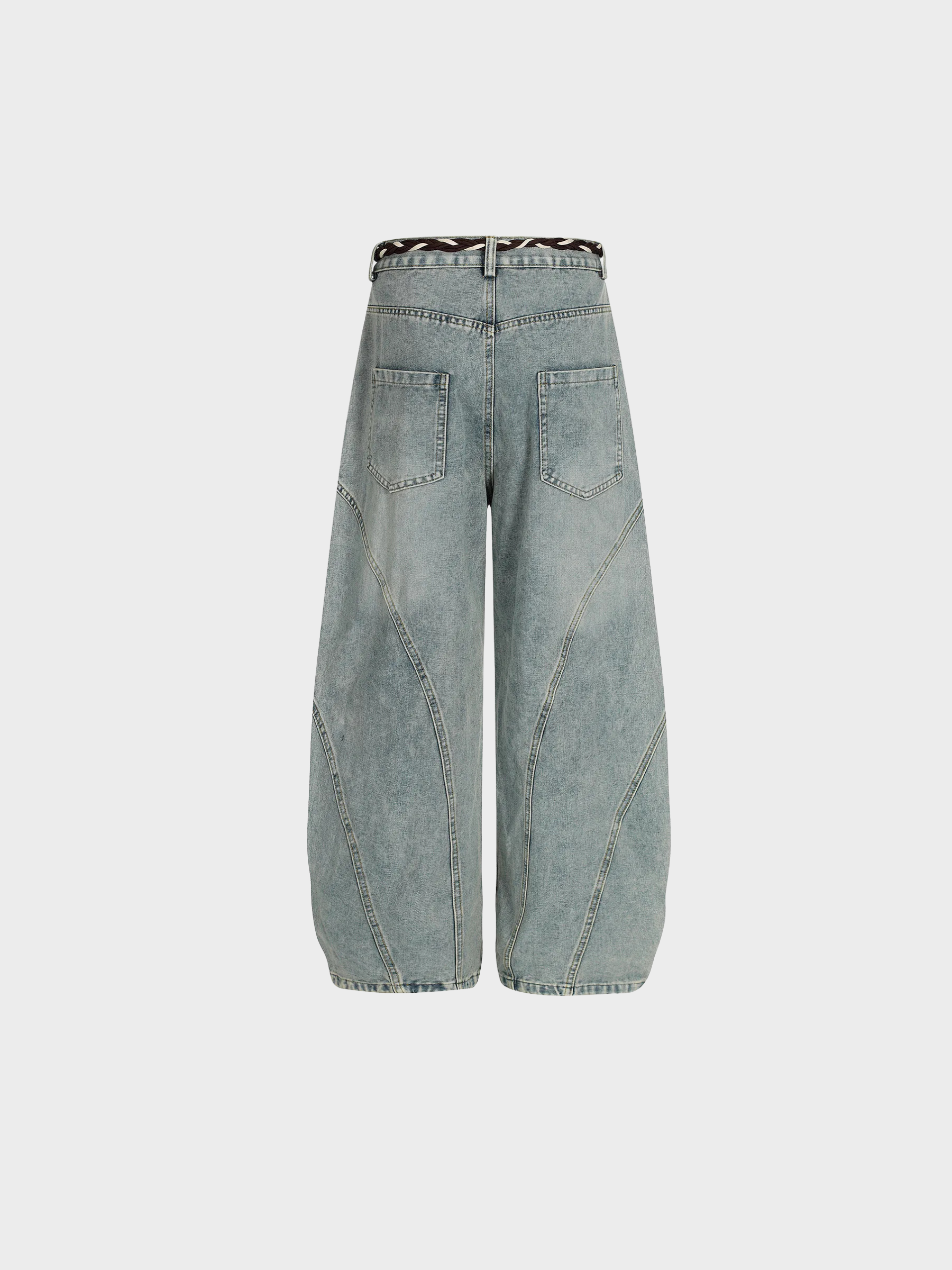 Barrel-Wave Patchwork Denim with Braided Belt