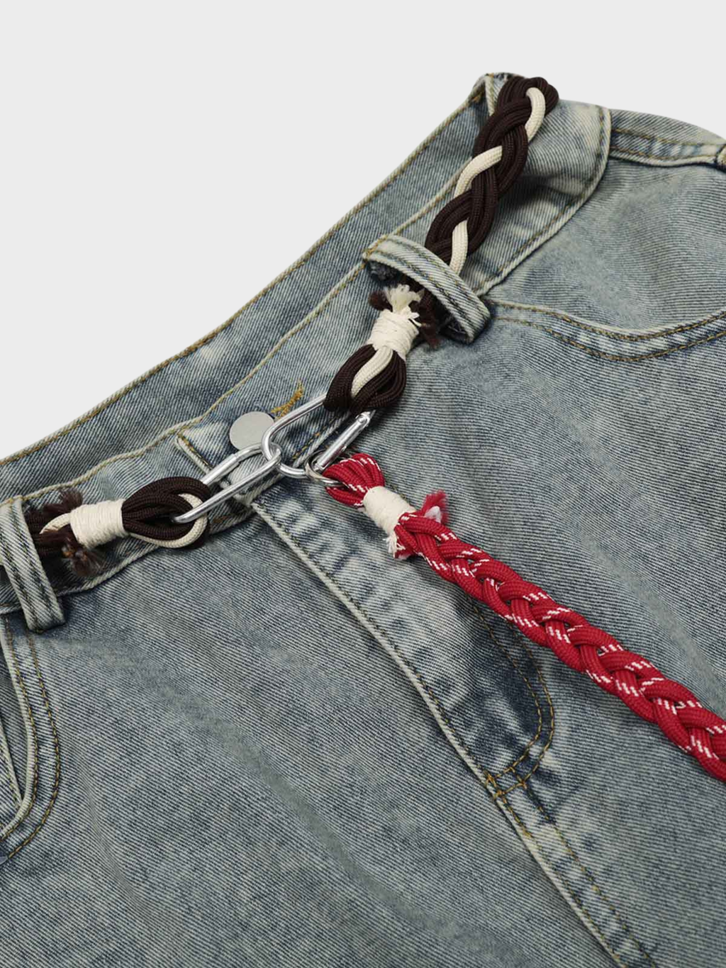 Barrel-Wave Patchwork Denim with Braided Belt